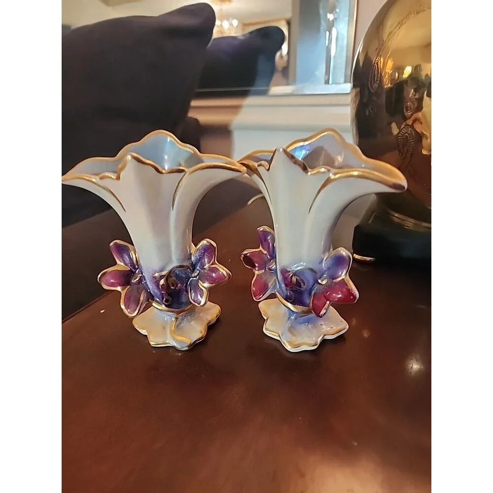 Vintage Goldra E Palestine Lusterware Gold Trim Fan Shaped Vase Set of 2